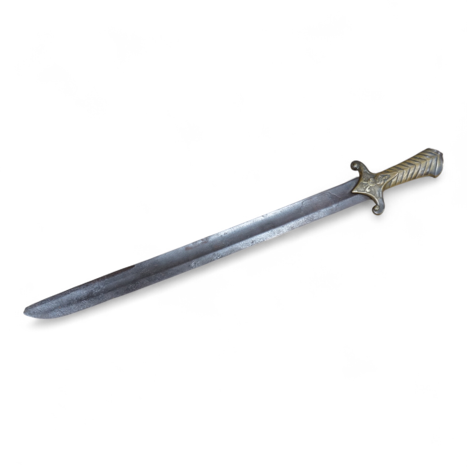 A scarce Germanic Janissary Corps sidearm, produced from 1729-31, broad single edged blade, 65cm, etched in panel with crowned cipher (faint), regulation cast brass hilt with crowned cipher and chevron grip